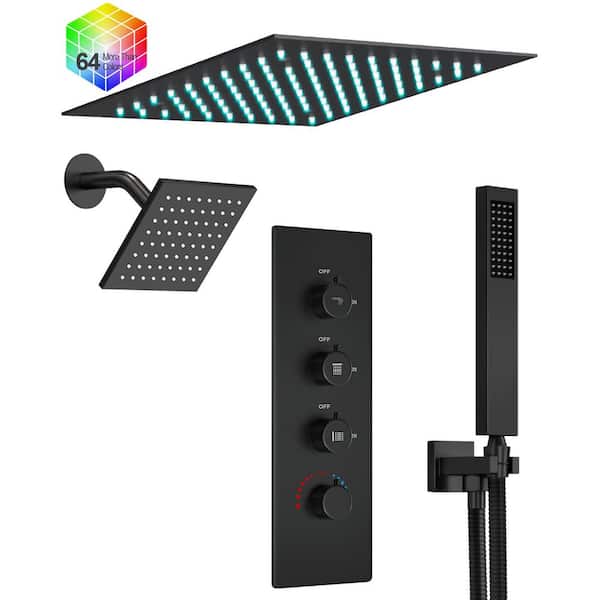 12 in. Mood Light Quadruple Handles 3-Spray Shower Faucet 2.5 GPM with LED, Anti Scald in. Matte Black