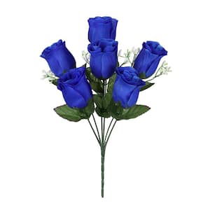 14 in. Royal Blue Artificial Rose Bud Flower Stem Bush Bouquet (Set of 12)