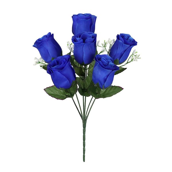 LIVING LUXURY 14 in. Royal Blue Artificial Rose Bud Flower Stem Bush Bouquet (Set of 12)