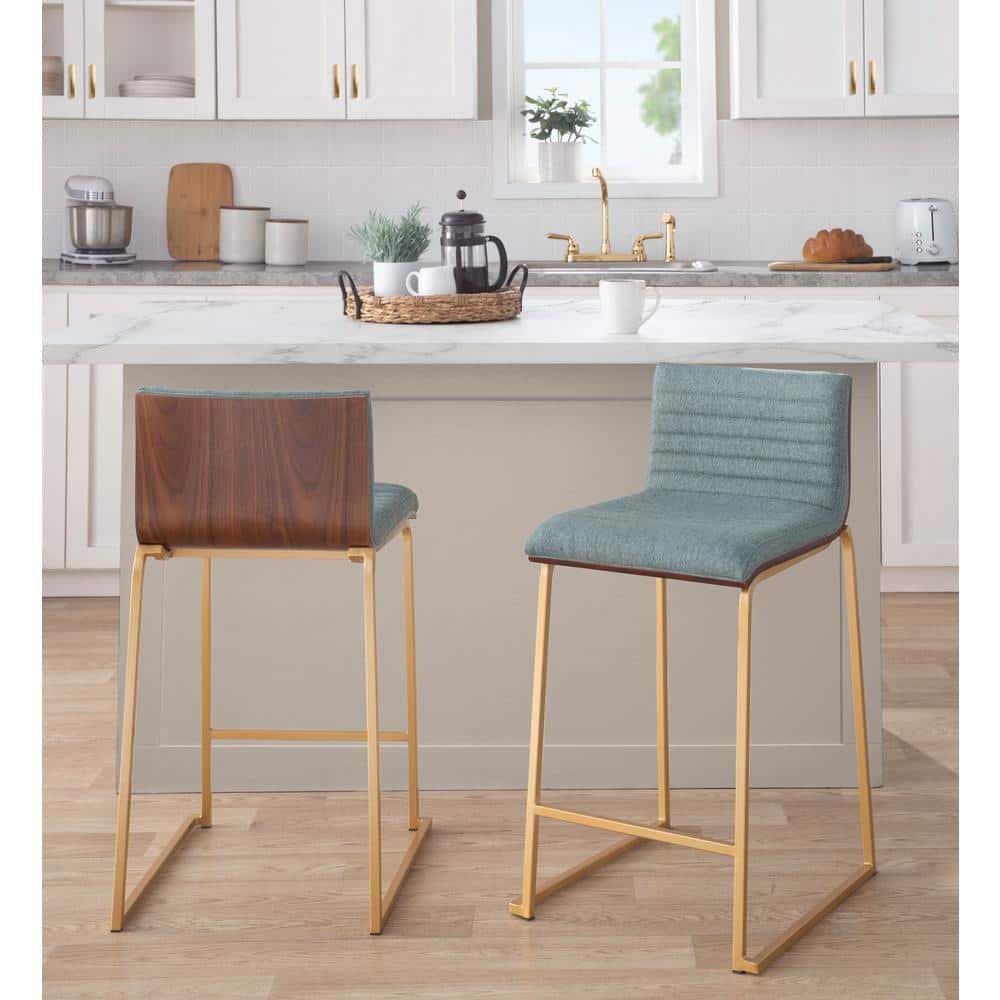 Set of 2 Green Upholstered Wood and Gold Metal Counter Stools