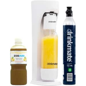 White Sparkling Water and Soda Maker Machine Sparkle Up Bundle with 1 60L CO2 Cartridges and 1 Lemonade Syrup