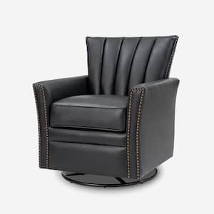 Adela Black Genuine Leather Swivel Rocking Chair with Nailhead Trims and Metal Base