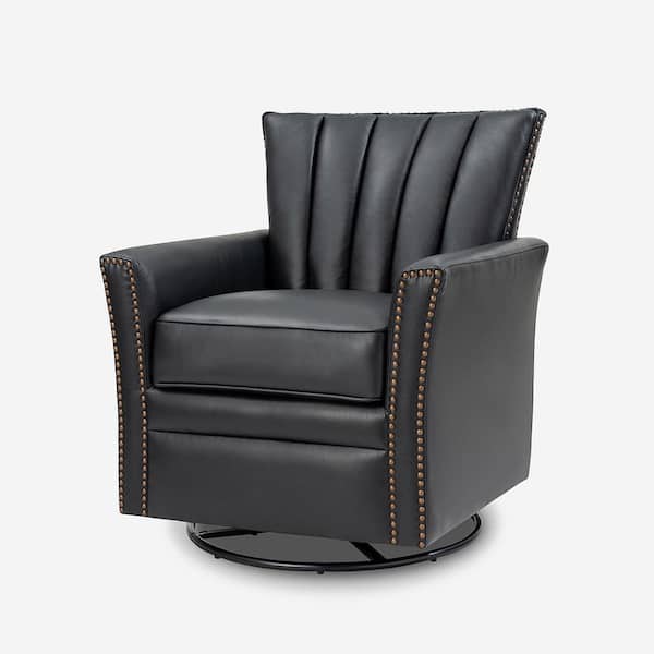 JAYDEN CREATION Adela Black Genuine Leather Swivel Rocking Chair with Nailhead Trims and Metal Base