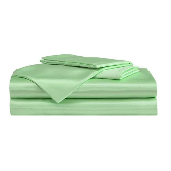 Solid 4-Piece Green Satin Queen Sheet Set