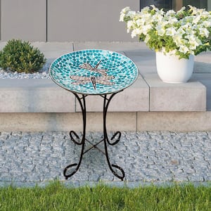 24 in. Tall Outdoor Mosaic Dragonfly Glass Birdbath Bowl with Metal Stand