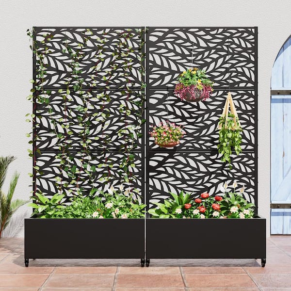 Dovelina Set of 2-73 in. x 16 in. x 35 in. Black Metal Iron Planter Box with Attached Trellis for Climbing Vegetation