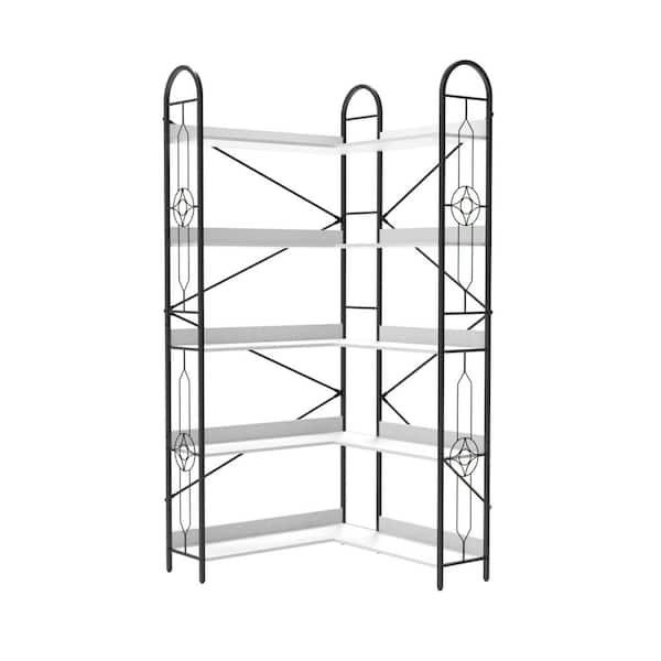 Industrial Series 5-Tier Thickened Iron Frame Corner Bookshelf in White (33 in. W x 72 in. H x 33 in. D)