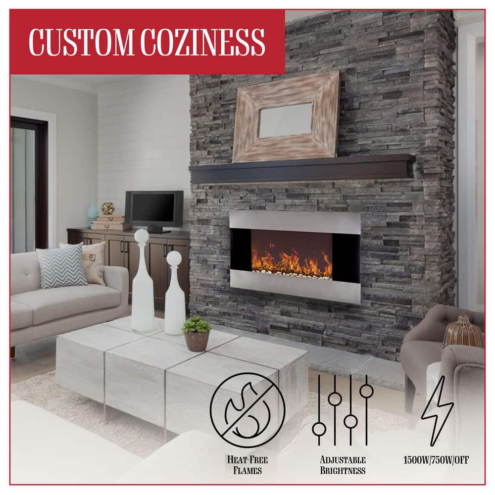 36-Inch Stainless Steel Wall-Mount Electric Fireplace with Remote