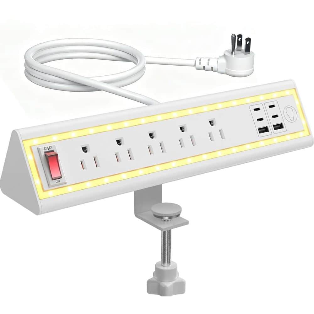 BeamBox 10 ft. White 5-Outlet Desk Clamp Power Strip with 400-Watt USB-C Fast Charging, 6 USB Ports and Nightlight