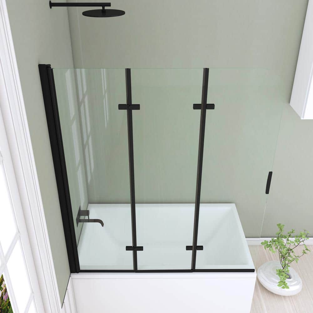 51'' Black Aluminum Frameless Folding Tub Door with Clear Tempered Glass