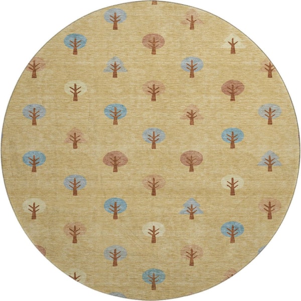 Mayfield Premium Machine Washable Abstract AMF2550 Gold 8 ft. x 8 ft. Round Rug