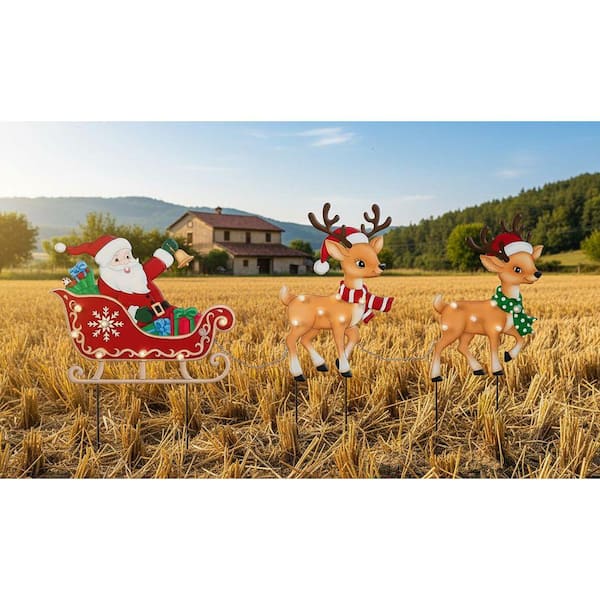 Unbrand 21.2" LED Outdoor Christmas Metal Stakes - Santa Sleigh &  Reindeer, Yard Garden Decor ENHD20382 - The Home Depot MorningRo 3個 メタル クリスマス ジョイヤードサイン 屋外 防水 キャンディケーン エルク 雪片 クリスマス 庭 サイン