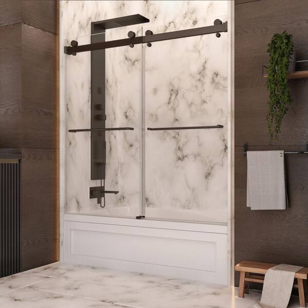 Luna 58 to 60 in. W x 60.5 in. H Sliding Bypass Frameless Tub Door in Oil Rubbed Bronze with 3/8 in. (10mm) Clear Glass