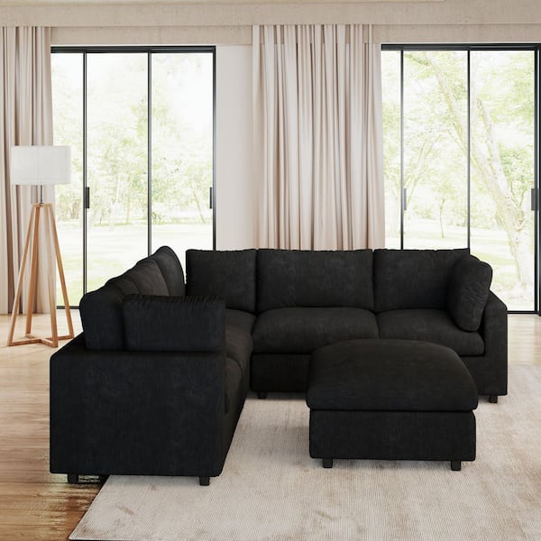 100 in. Square Arm 6-Piece Chenille L-Shaped Modualr Sectional Sofa Corner Couch with Ottoman for Gathering in. Black