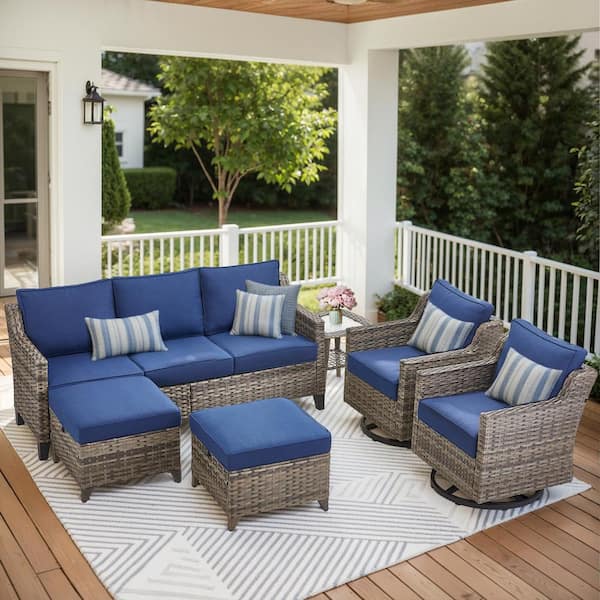 6-Piece Wicker Patio Conversation Set with Blue Cushions