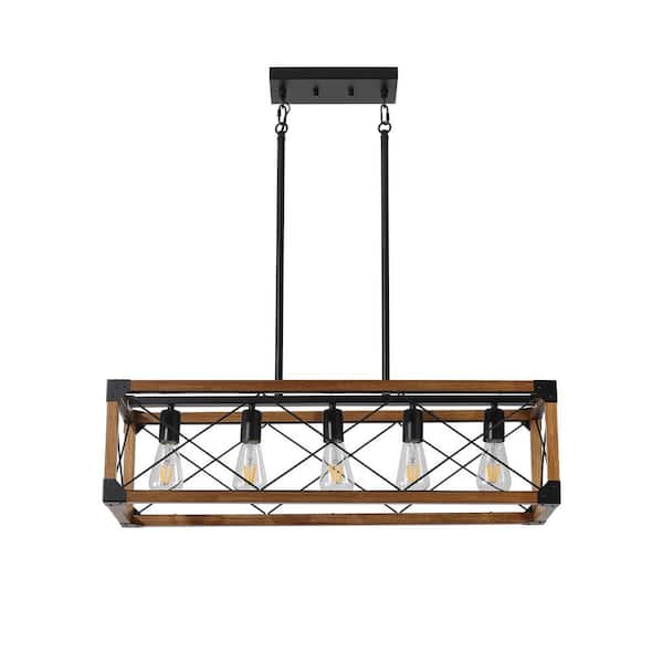 5-Light Walnut and Black Wood Farmhouse Linear Chandelier with Rustic Rectangle Frame and Adjutsable Height (No Bulbs)