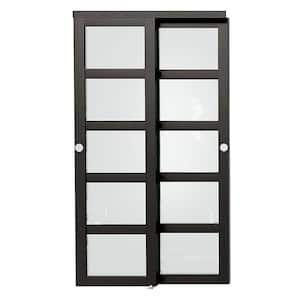 48 in. x 80 in. MDF PVC Covering Black Double Slide 5-Lite Frosted Glass Assembly Required Sliding Door with Hardware