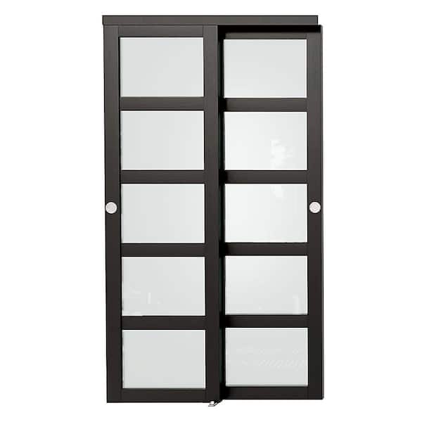 48in x 80in, MDF, PVC Covering, Solid Core, Black Double Slide 5 Lite, Frosted Glass Sliding Door with All Hardware