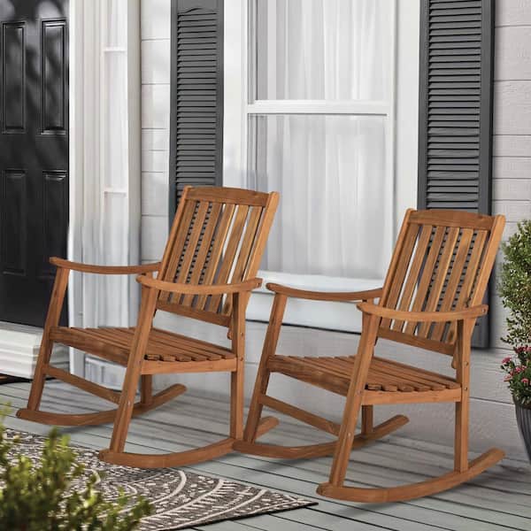Perry Classic Slat-Back 300 lbs. Support Acacia Wood Patio Outdoor Rocking Chair in Teak (Set of 2)