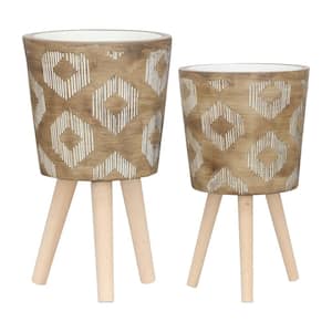 10 in./12 in. Brown Resin Diamond Planter With Wood Legs For Outdoor And Indoor (Set of 2)
