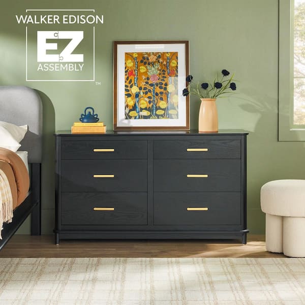 Walker Edison Furniture Company Contemporary Black 6-Drawer 54 in. Solid Wood Dresser with Curved Edge