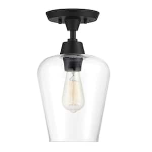 Octave 8 in. W x 14 in. H 1-Light Black Semi-Flush Mount Ceiling Light with Clear Glass Shade
