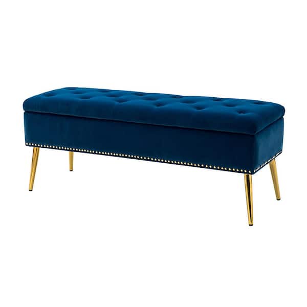 JAYDEN CREATION Hippolytus Classic Navy 45.5 in. Polyester Button-Tufted Storage Bedroom Bench with Nailhead Trim