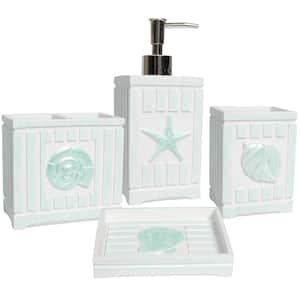 Beach Shells (4-Piece) Bathroom Accessory Set (Soap Pump, Tumbler, Toothbrush Holder and Soap Dish) - White