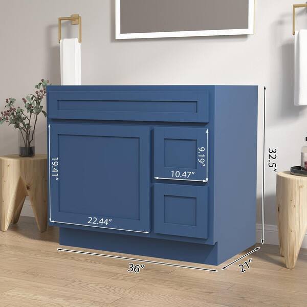 Vanity Art 36 in. W x 21 in. D x 32.5 in. H 2-Right Drawers Bath Vanity Cabinet without Top in Blue