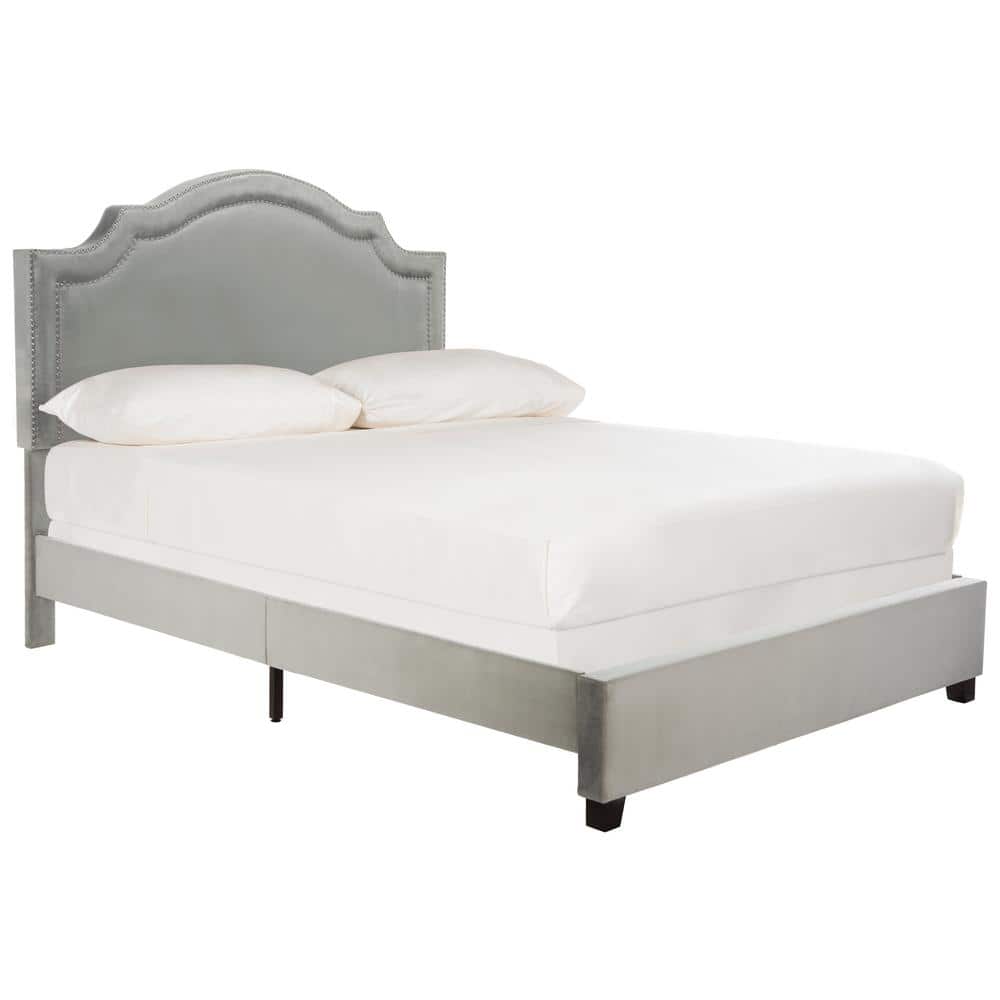 Elegant Pewter Linen Full Platform Bed with Nailhead Trim