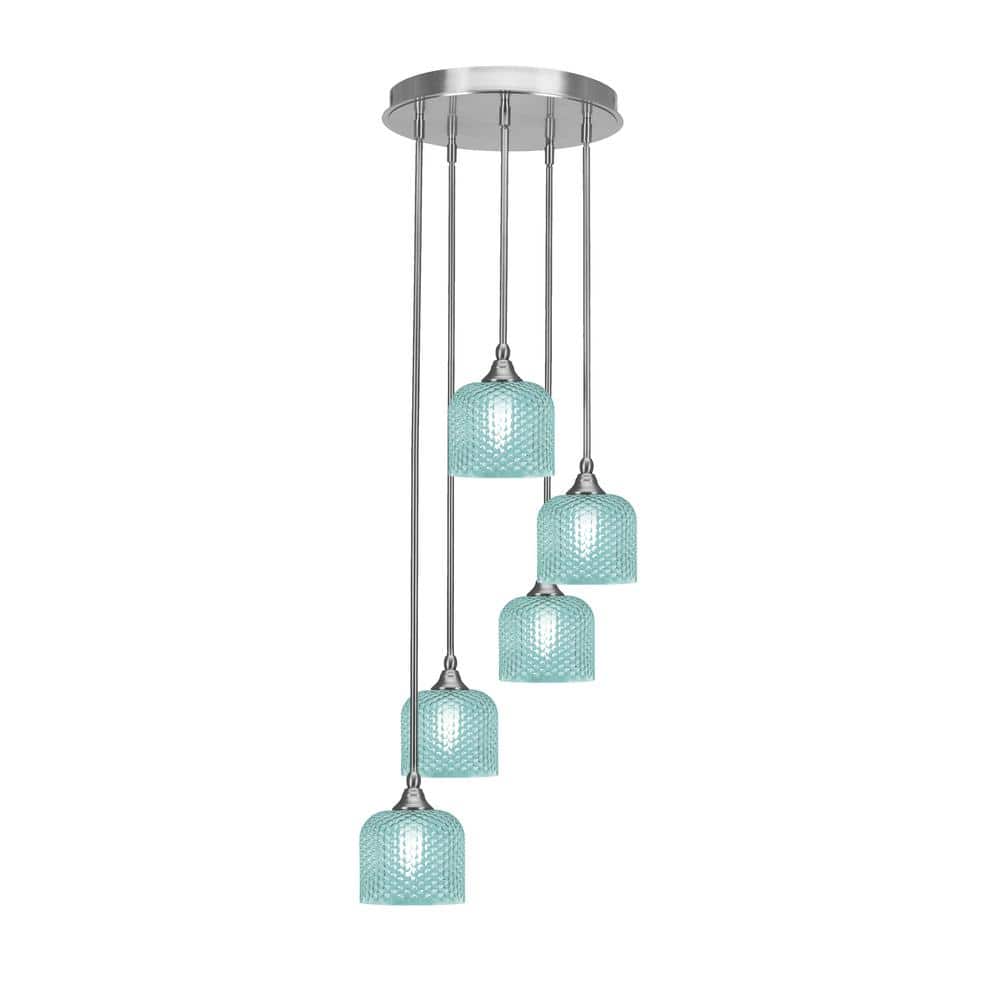 Villa 15.25 in. 5-Light Brushed Nickel Cluster Pendant Light with 6 Turq
