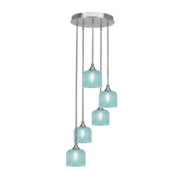 Unbranded Villa 15.25 in. 5-Light Brushed Nickel Cluster Pendant Light with 6" Turquoise Textured Glass Shades, no bulbs included