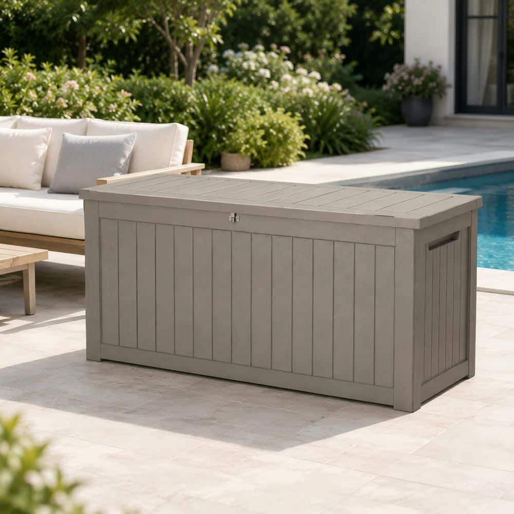 270 Gal. Jumbo Gray Wood Grain Resin Deck Box with Dual Gas Struts Metal Reinforcement Lockable Storage Chest