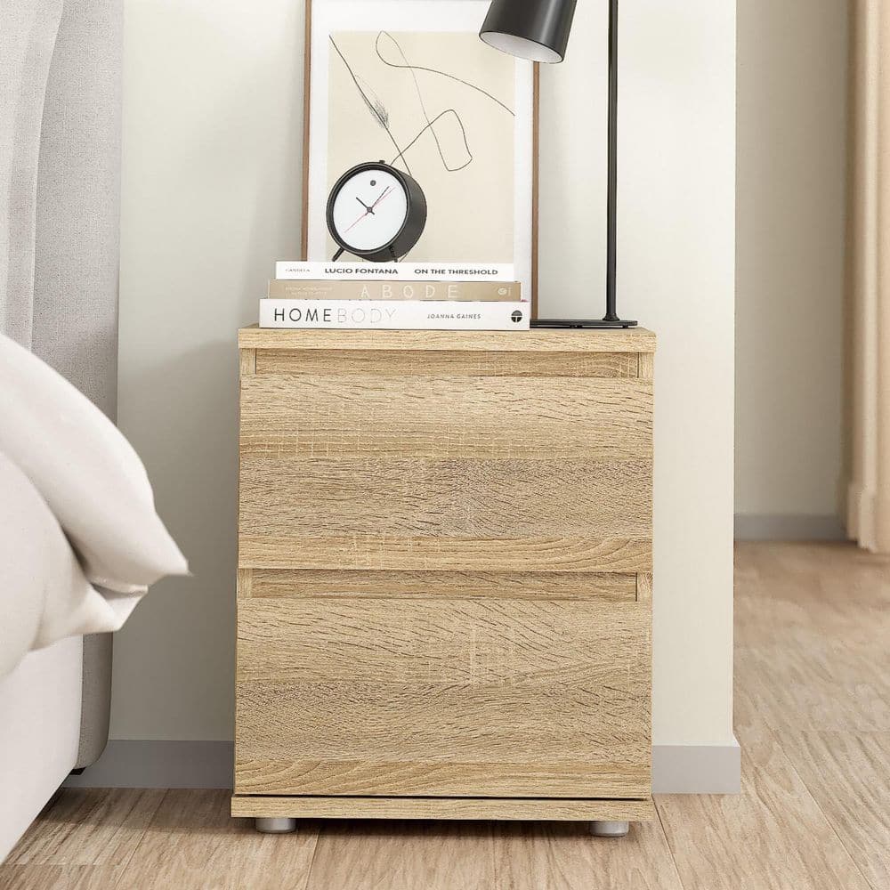 Oak Structure 2-Drawer Wood Nightstand with Particle Board Top