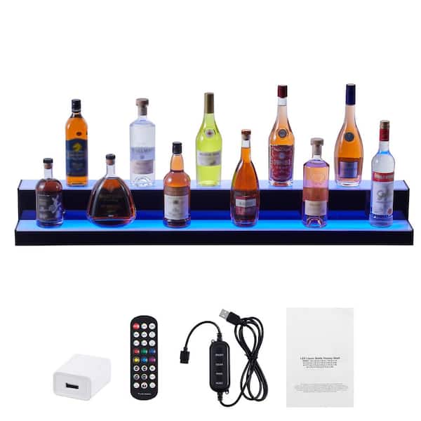LED Lighted Liquor Bottle Display 2-Tier 48 in. Commercial Bar Shelf Acrylic Whiskey Rack with RF Remote