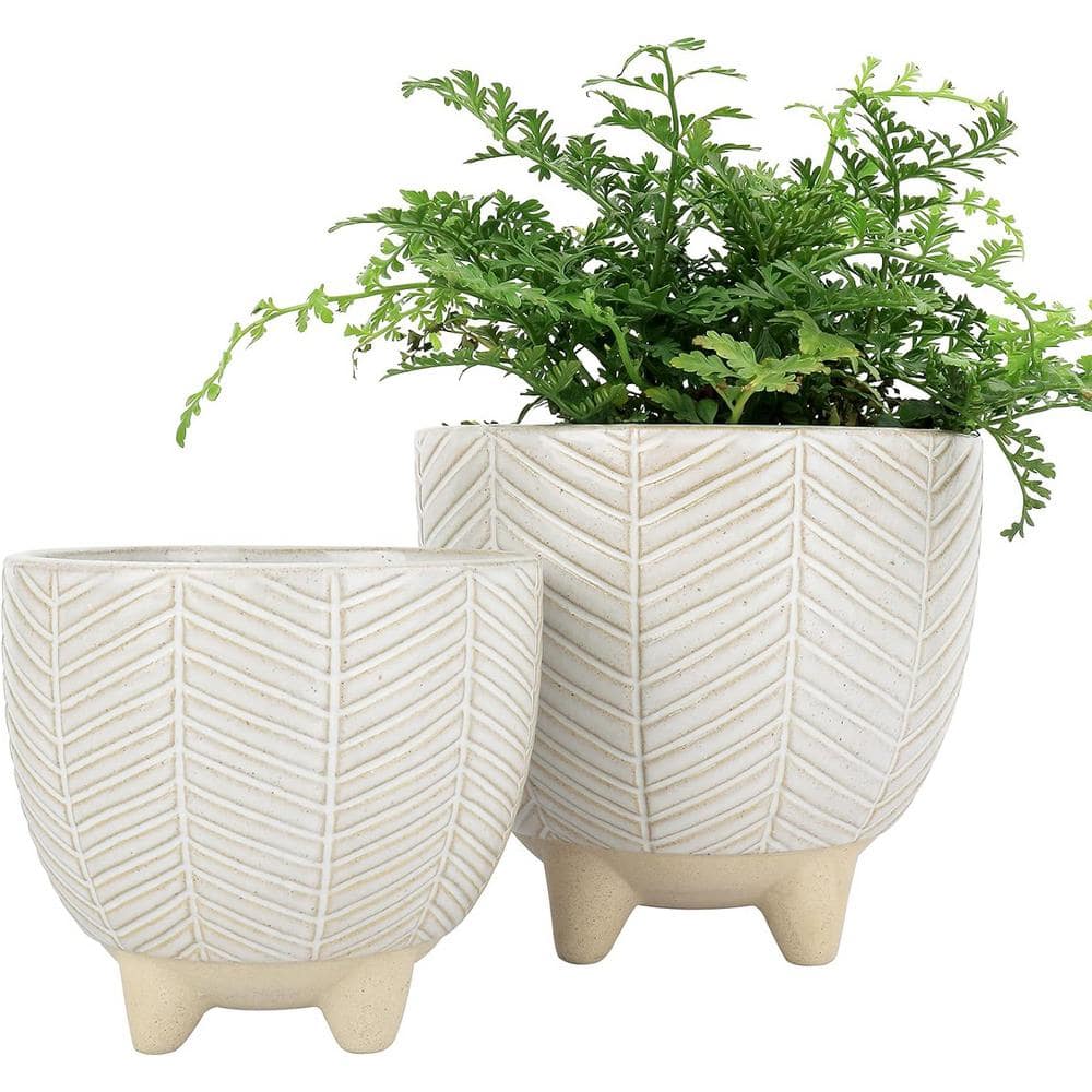 Beige Ceramic Indoor/Outdoor Footed Flower Plant Pot with Drainage (2-Pack)