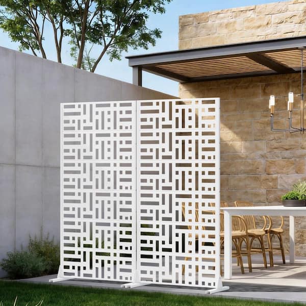 70 in. W x 72 in. H White Galvanized Steel Freestanding Interlocking Block Cut Garden Privacy Screen (2-Pack)