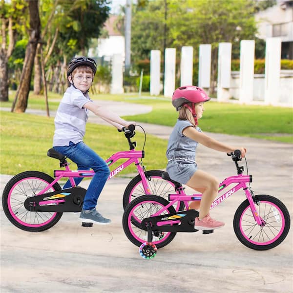 18 in. LED Lighted Kids Bike with Adjustable Seat Coaster Brake Training Wheels Pink
