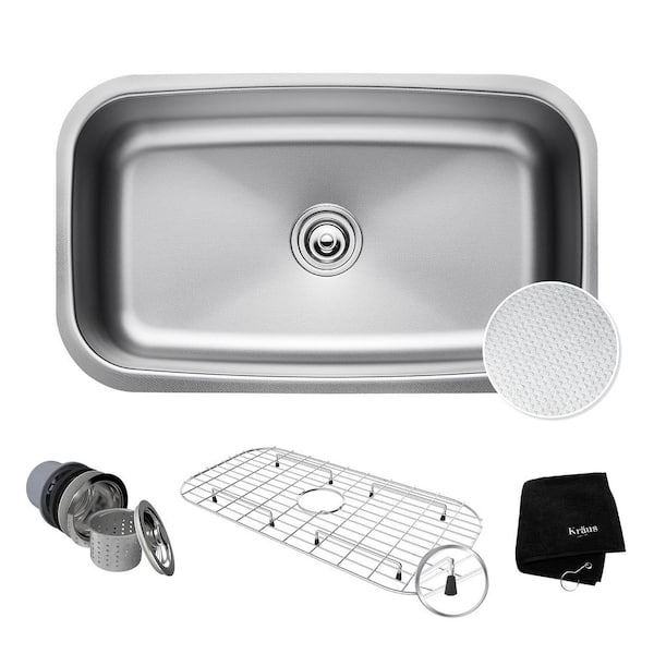 KRAUS Premier Kitchen 32 in. Undermount Single Bowl 16 Gauge Stainless Steel Kitchen Sink with Accessories