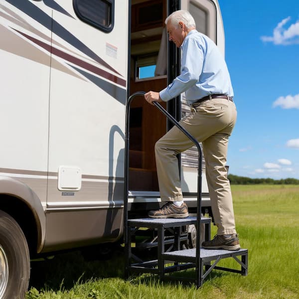 RV Steps with Handrail, 2 Steps, 660 lbs. Load Capacity, Heavy Duty Outdoor RV Stairs with Non-Slip Mat for Elderly&Pets