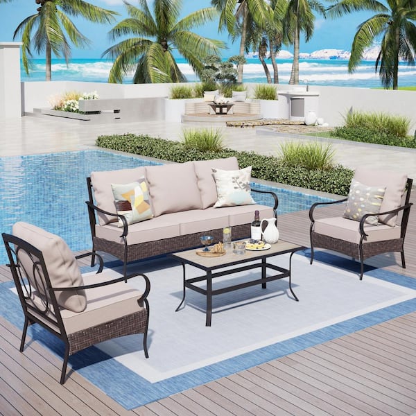PHI VILLA Black Rattan 5 Seat 4-Piece Steel Outdoor Patio Conversation Set with Beige Cushions and Table with Wood-Grain Top