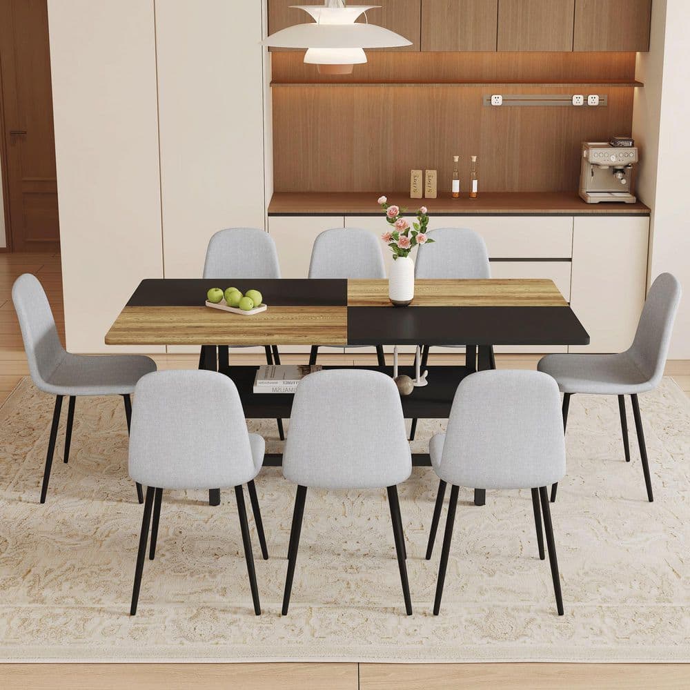 71 in. Modern Dining Table Set for 8 with Wood and Black Spliced Top, 8 Light Gray Linen Chairs