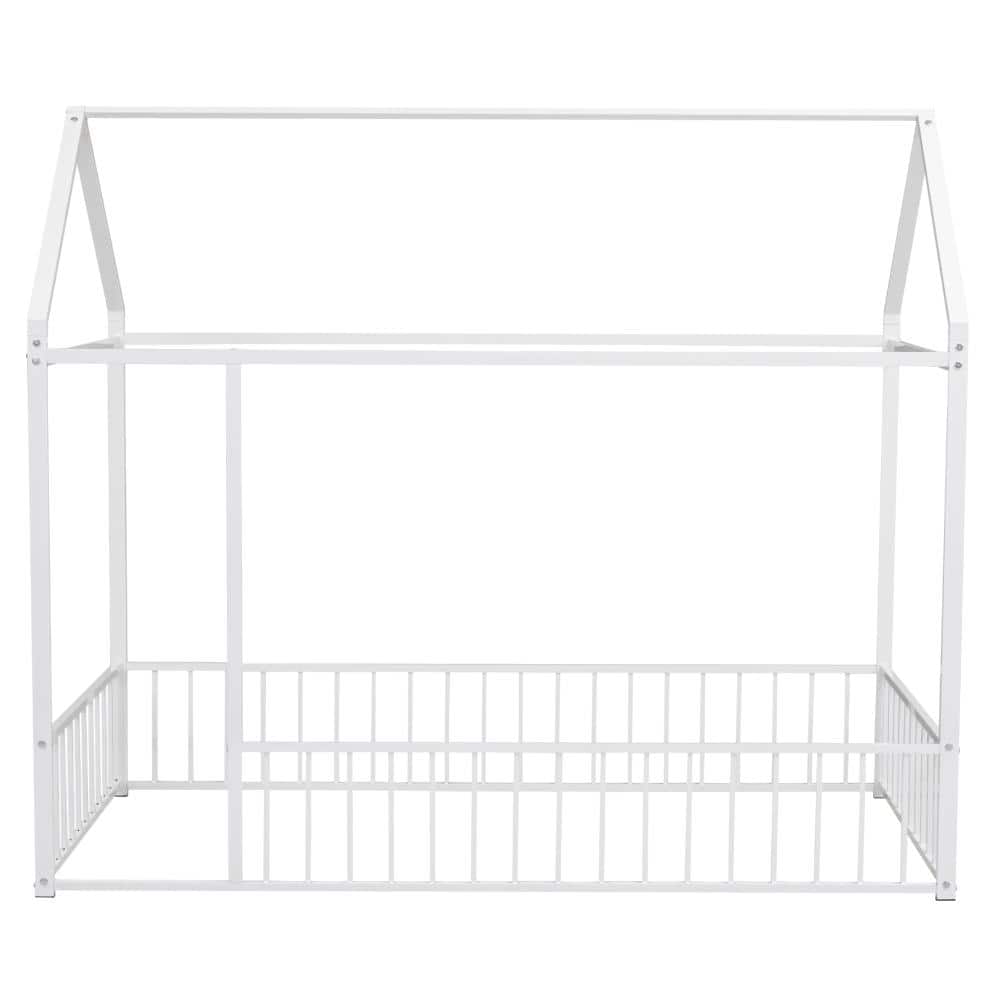 White Metal Twin Platform Bed with Playhouse Design Fence and Roof for Kids durable construction price history on PriceWatchPro