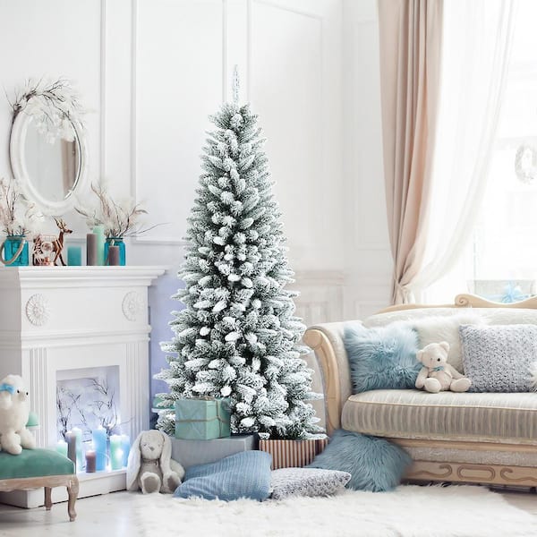 6.5 ft. Slim Artificial Christmas Tree Unlit Snow-Flocked Xmas Pencil Tree