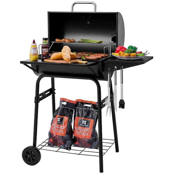 Barrel Charcoal Grill for Backyard BBQ, Charcoal Grill with Side & Front Shelves, Hooks, 426 sq. in. Cooking Grid, Black