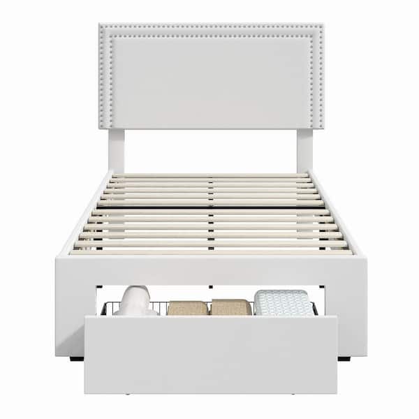 VECELO Platform Bed Frame White Metal Frame Twin Size Platform Bed with 1 Storage Drawer, Upholstered bed with Headboard