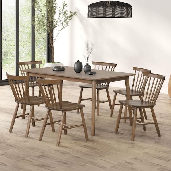 Everoa 7-Piece Rectangle Walnut Wood Top Dining Table Set (Seats 6)