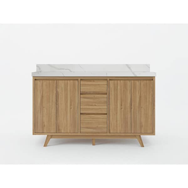 Willow Collections Madison Teak 60 in. W x 22 in. D x 36 in. H Double Sink Bath Vanity in Golden Teak with 2 in Calacatta Quartz Top