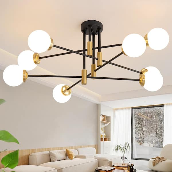 Deyidn 8-Light Vintage Black and Gold Sputnik Chandelier, Mid Century Ceiling Lights with Glass Shade, Bulb Not Included