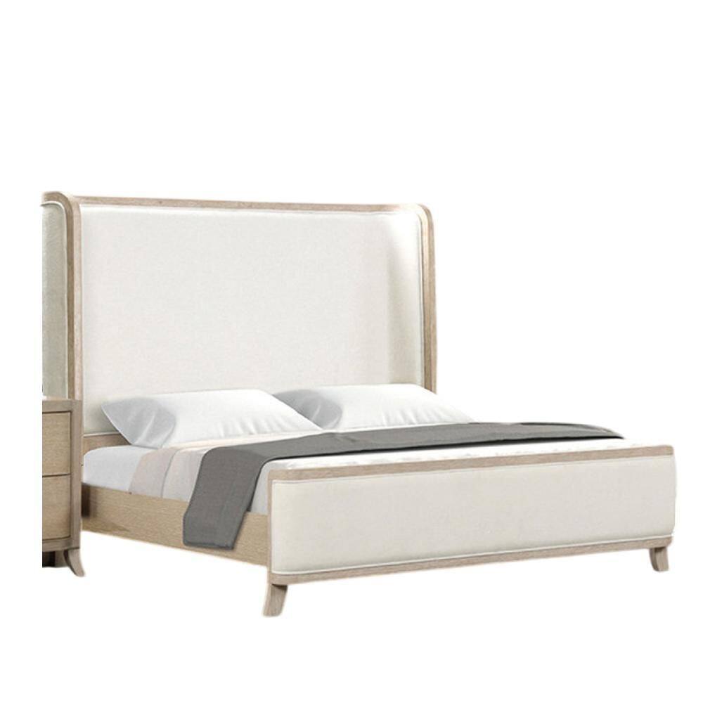 Fea Natural Oak Brown and White Wood Frame Queen Panel Bed with Padded Headboard